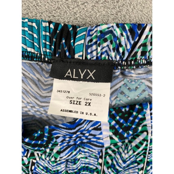 ALYX Women's Sz 2X Wide Leg Palazzo Pants Blue Green Feather Print Elastic Waist - Picture 3 of 12